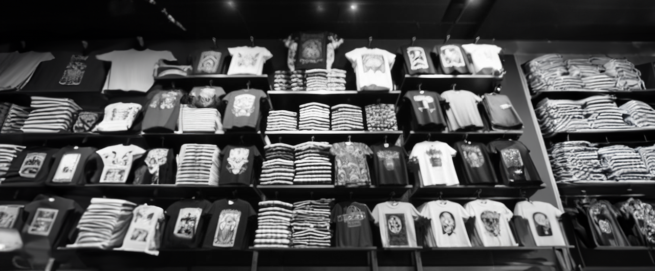 a black and white photo of a display of shirts