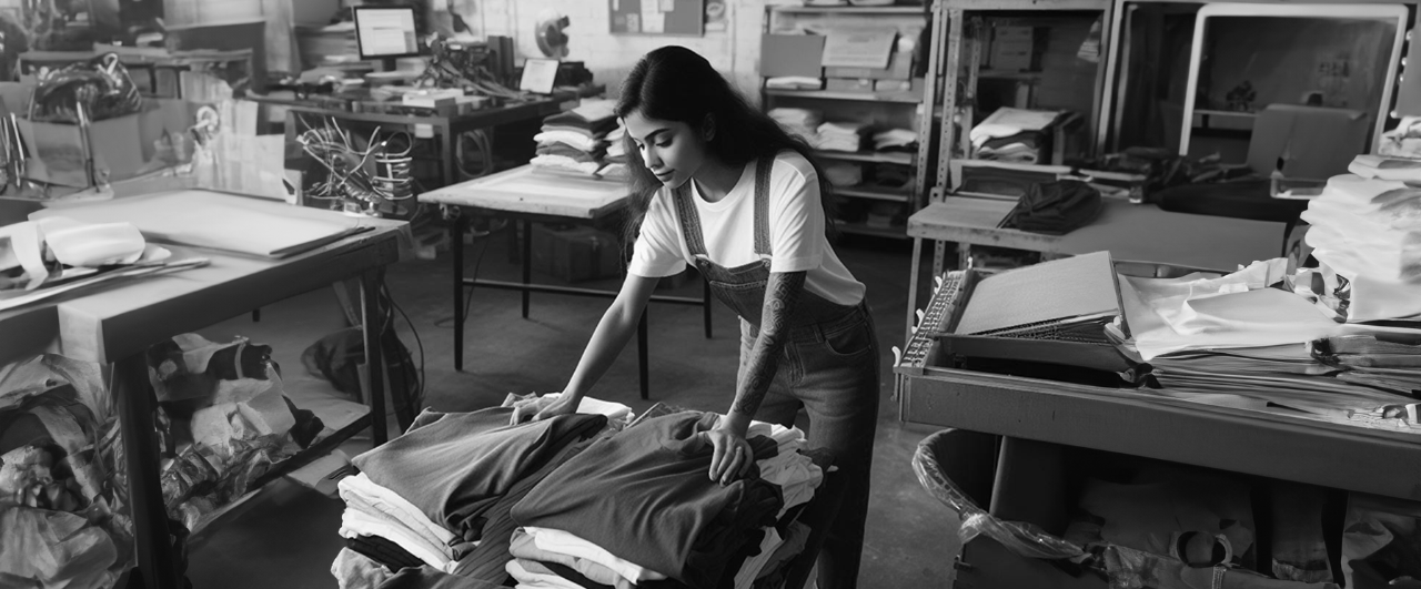 a woman standing over a pile of clothes in a room